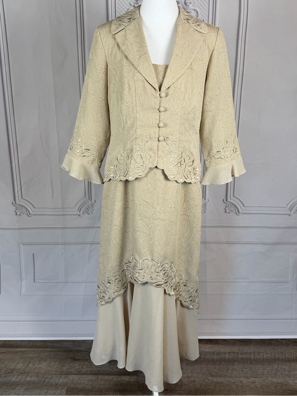 Danny & Nicole 8 Beige Jacquard 2-Piece Mother of Bride Dress Jacket Set Formal